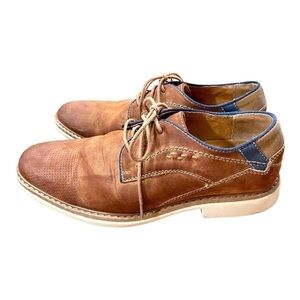 FREEMAN,SAWYER, MENS LACEUP OXFORDS. BROWN SUEDE WITH NAVY BLUE TRIM.SIZE 8 1/2M